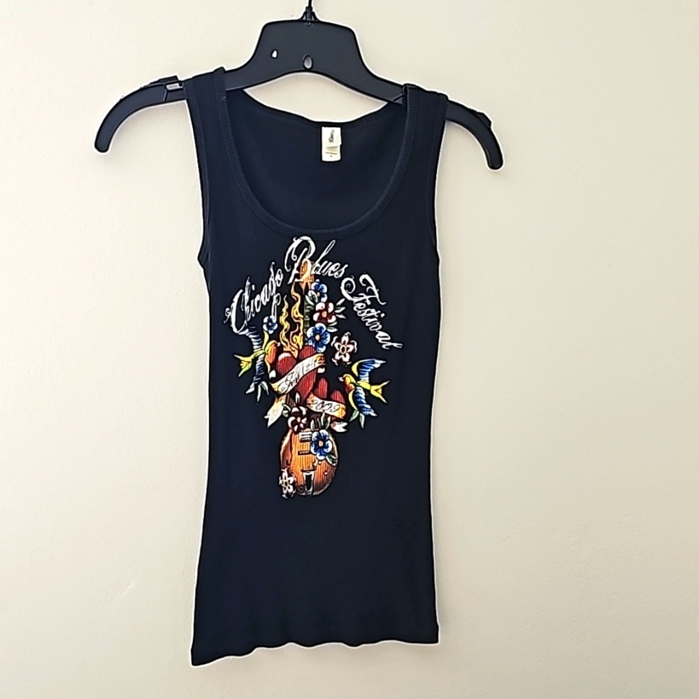 Chicago Blues Fest 💙  Collectible 2009 Black Ribbed Ladies Tank Top Sz Small
